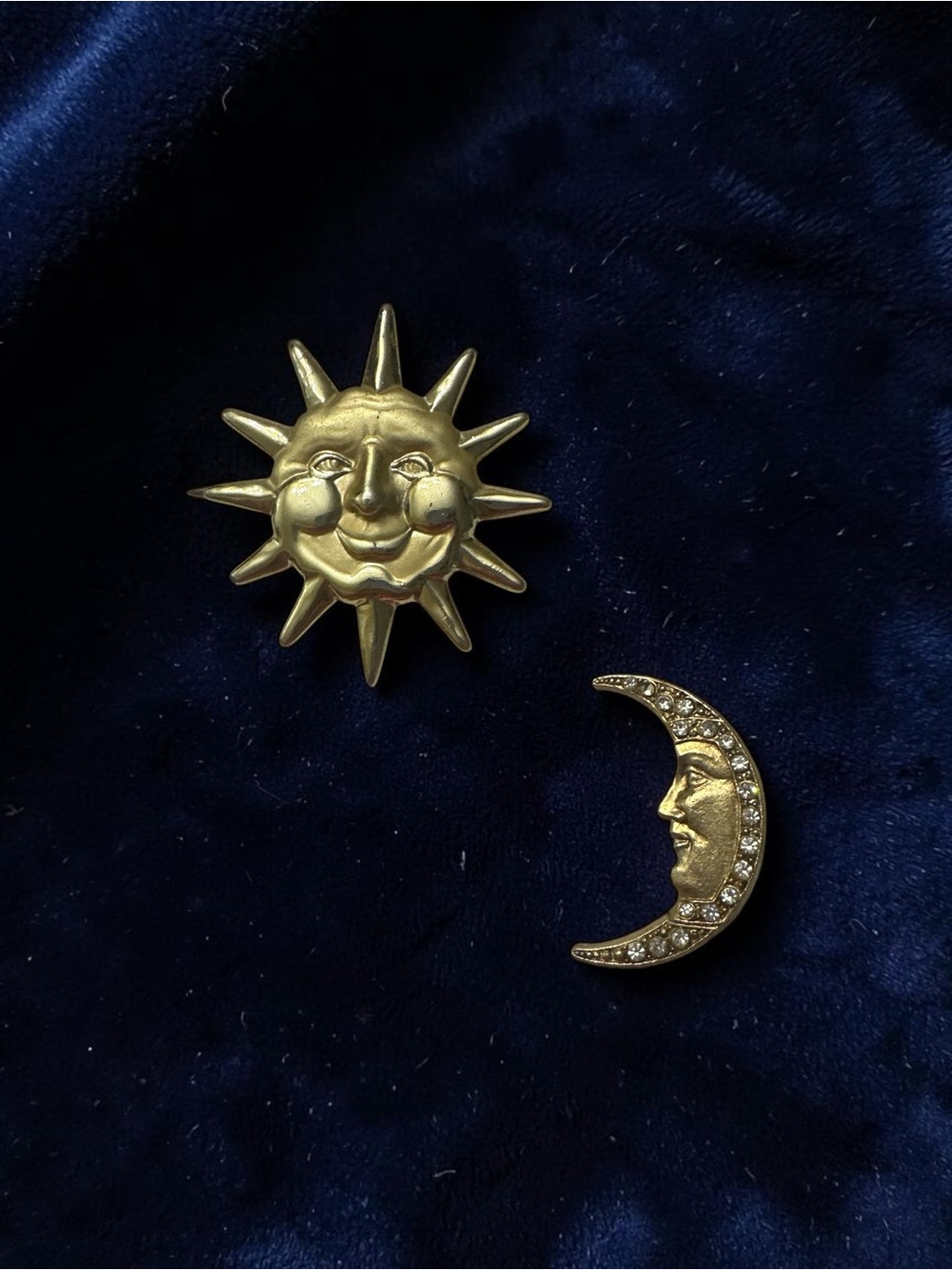 AJ Sun brooch and Crescent Moon Brooch- Gold Tone Celestial Pins